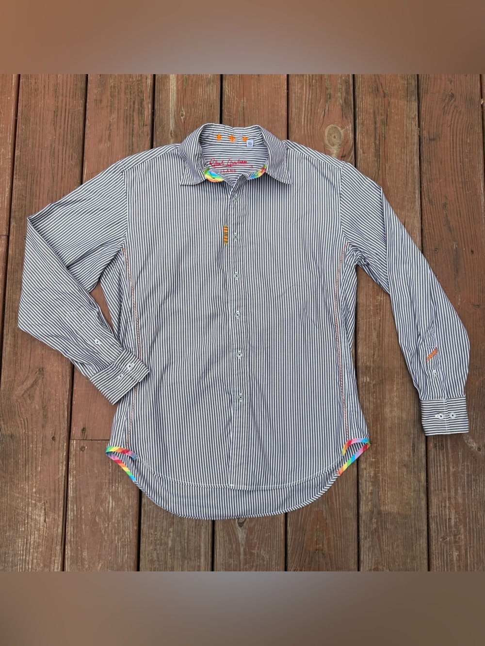 Robert Graham Shirt Men’s Medium Brown White Stripe Long Sleeve Cotton Button Up